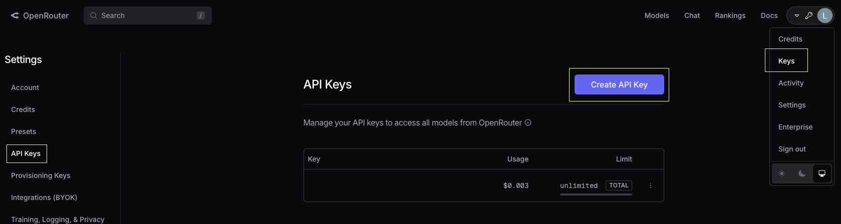 OpenRouter API Key Example
